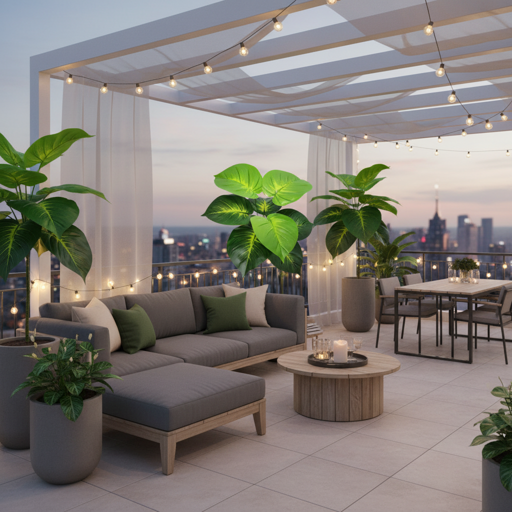 Terrasse élégante plante artificielle extérieur anti UV atmosphère fraîche sophistiquée