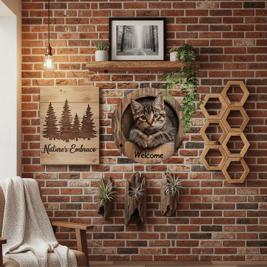 Variété de décorations murales en bois dans intérieur cosy rustique