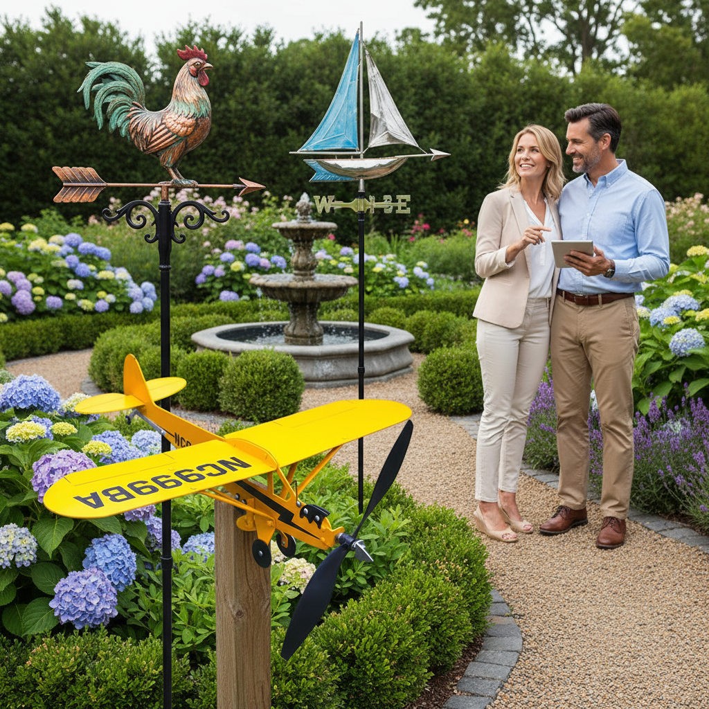 Variété de girouettes de jardin décoratives dans paysage aménagé avec différents motifs