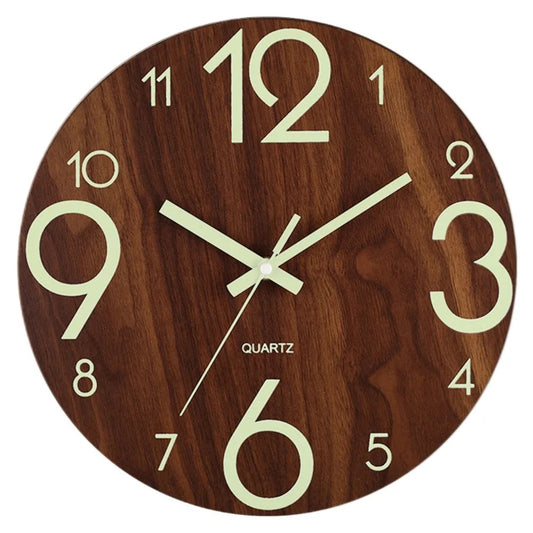 Horloge murale effet bois marron numérotée phosphorescente silencieuse décoration