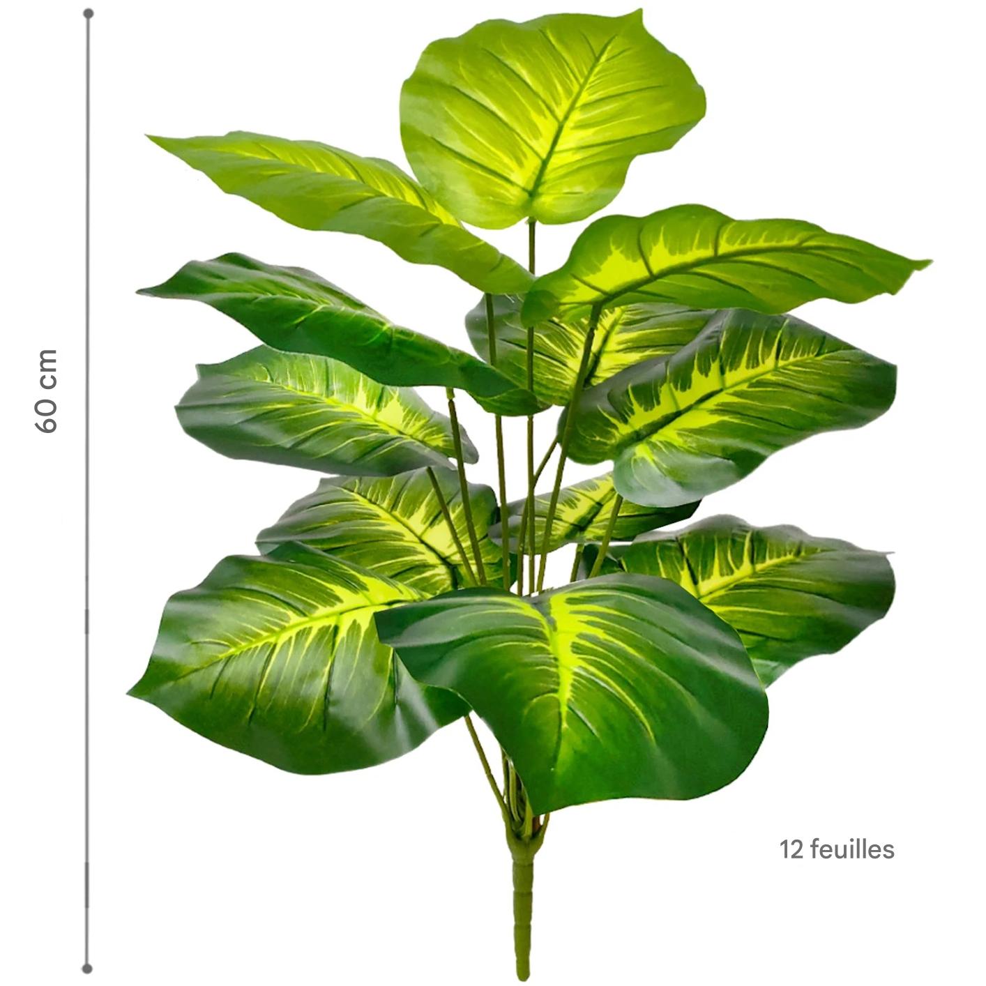 Plante Artificielle Haut de Gamme verte, 60 cm, 12 feuilles, luxuriante.