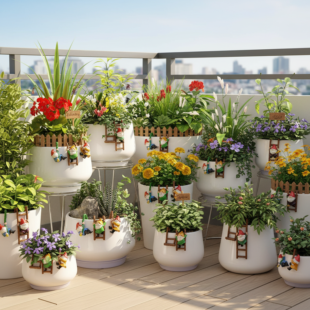 Vue ensemble balcon nains de jardin grimpeurs multiples pots