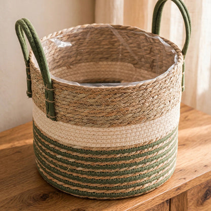 Cache Pot Vert à Rayures Horizontales et Anses Assorties | 2 Tailles