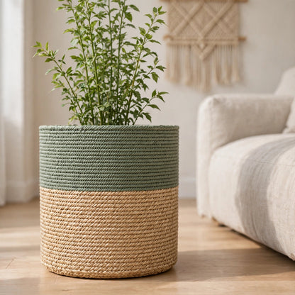 Cache pot blanc en paille naturelle posé au sol avec une plante verte