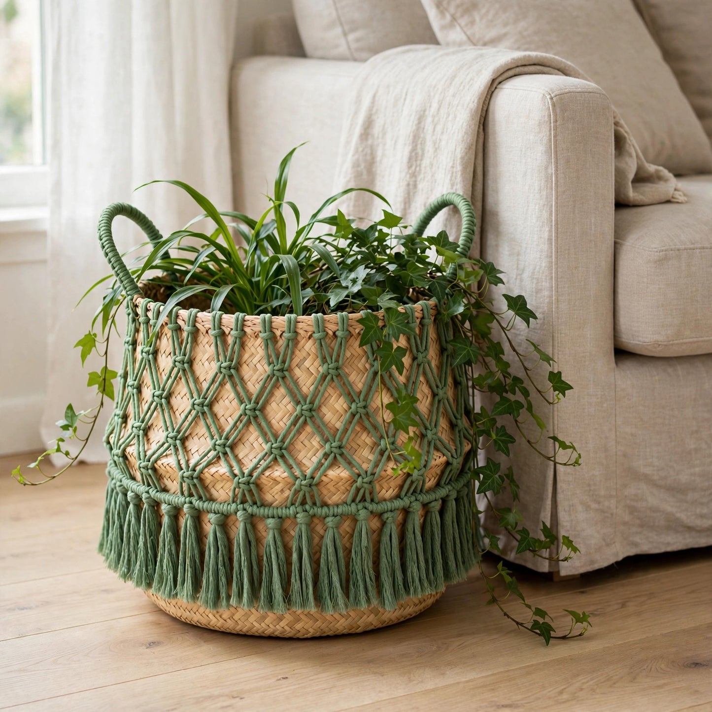 Cache pot macramé dans un salon scandinave aux tons clairs